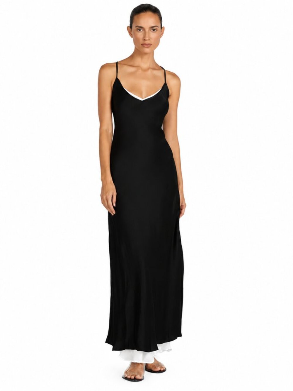 DISSH Fay Black Satin V Neck Slip Maxi Dress Size 6 Open Back